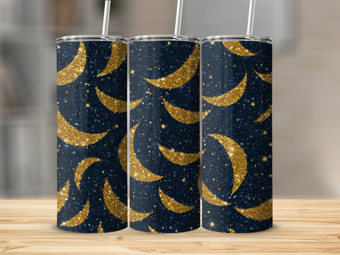 Three tumblers with a dark blue background and gold glitter crescent moons.