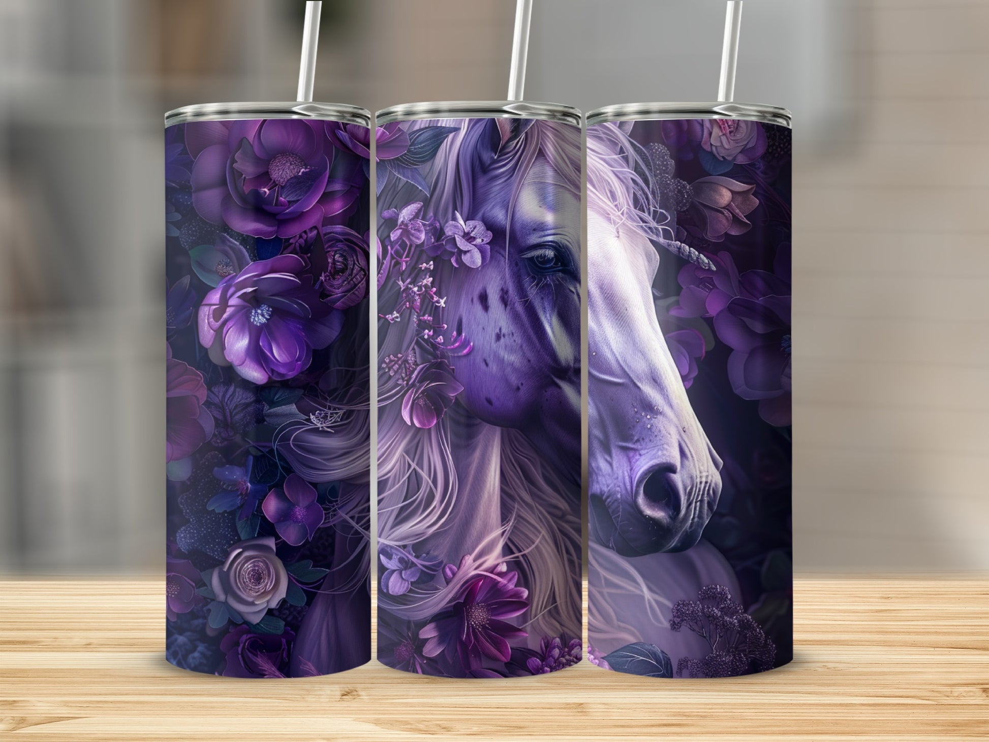 Purple unicorn with flowers on a tumbler