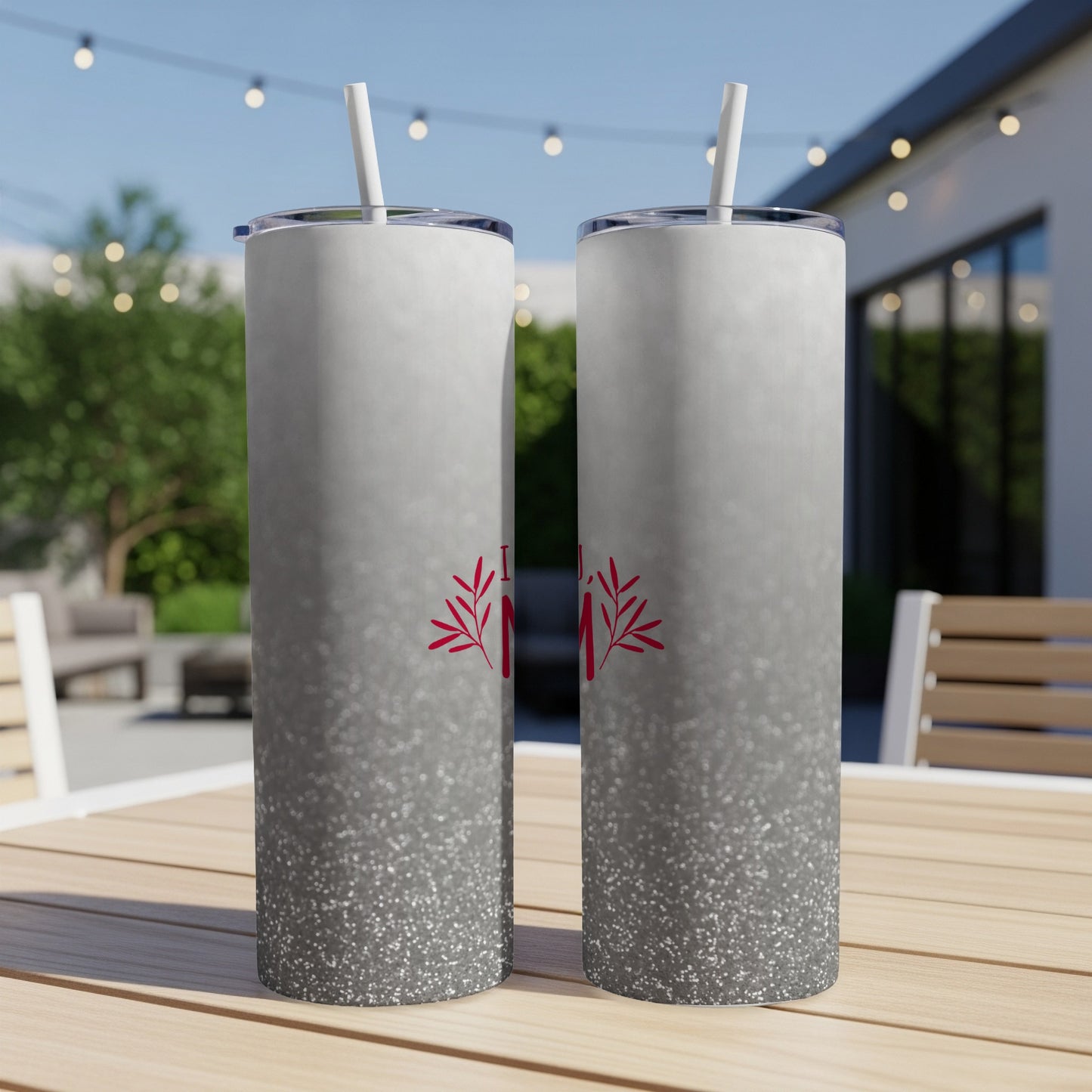 Two tumblers with "Mom" in red lettering and a glittery base.
