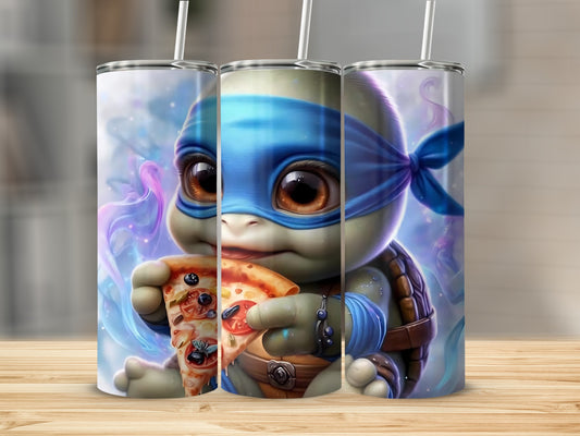 Cute Ninja Turtle Eating Pizza Tumbler With Straw