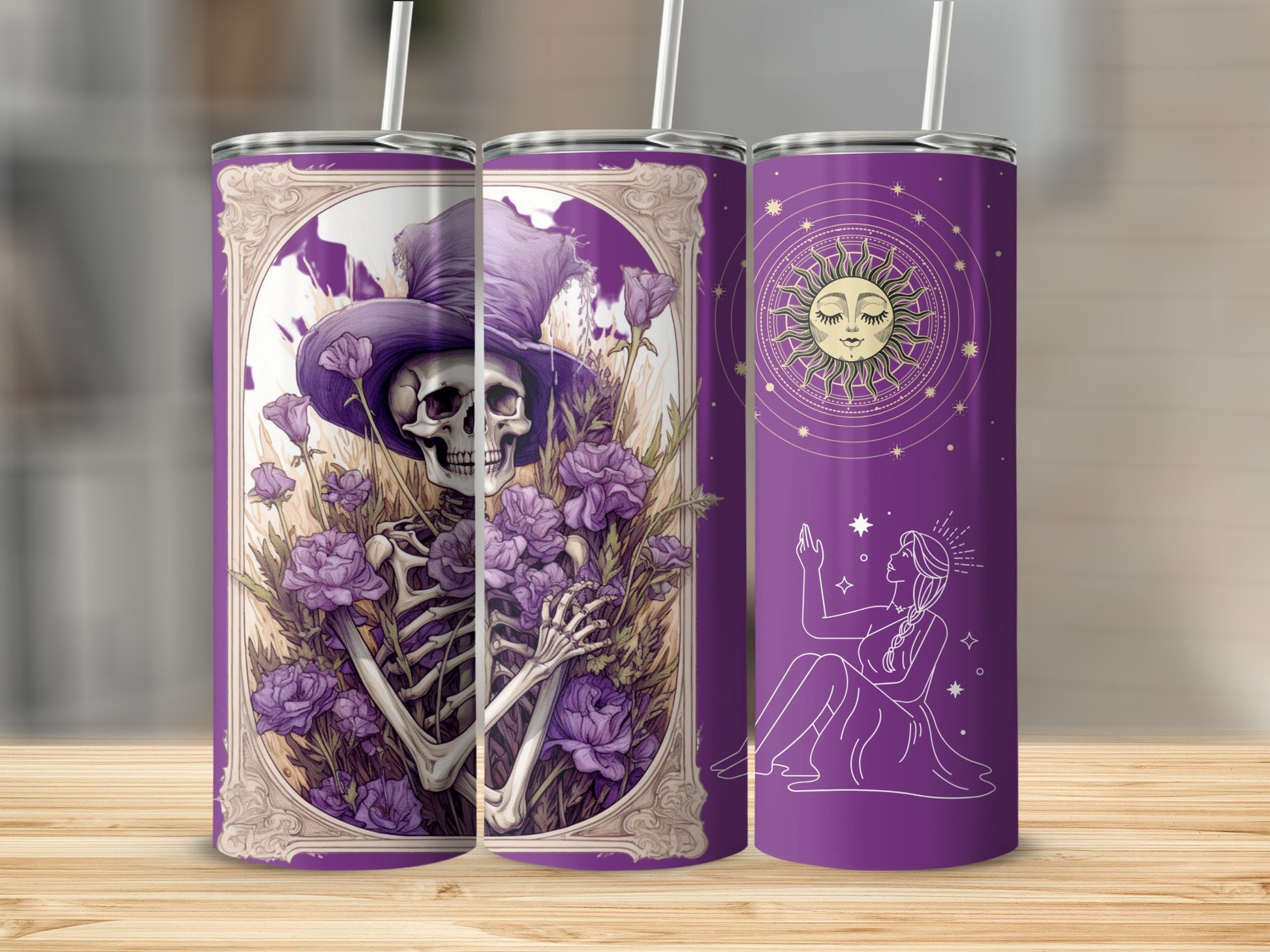 Gothic Skeleton and Celestial Sun Design Tumbler