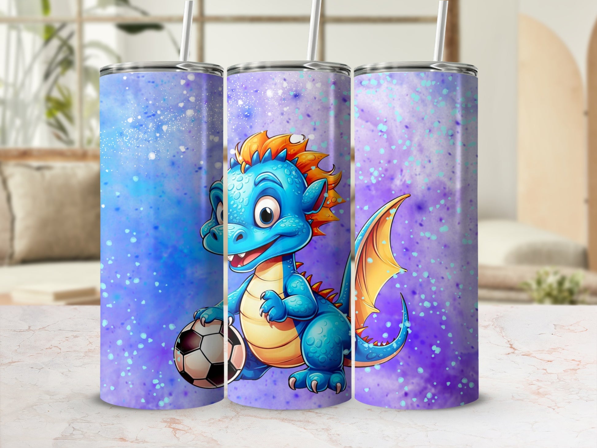 Cute Blue Dragon Playing Soccer Insulated Tumbler Cup