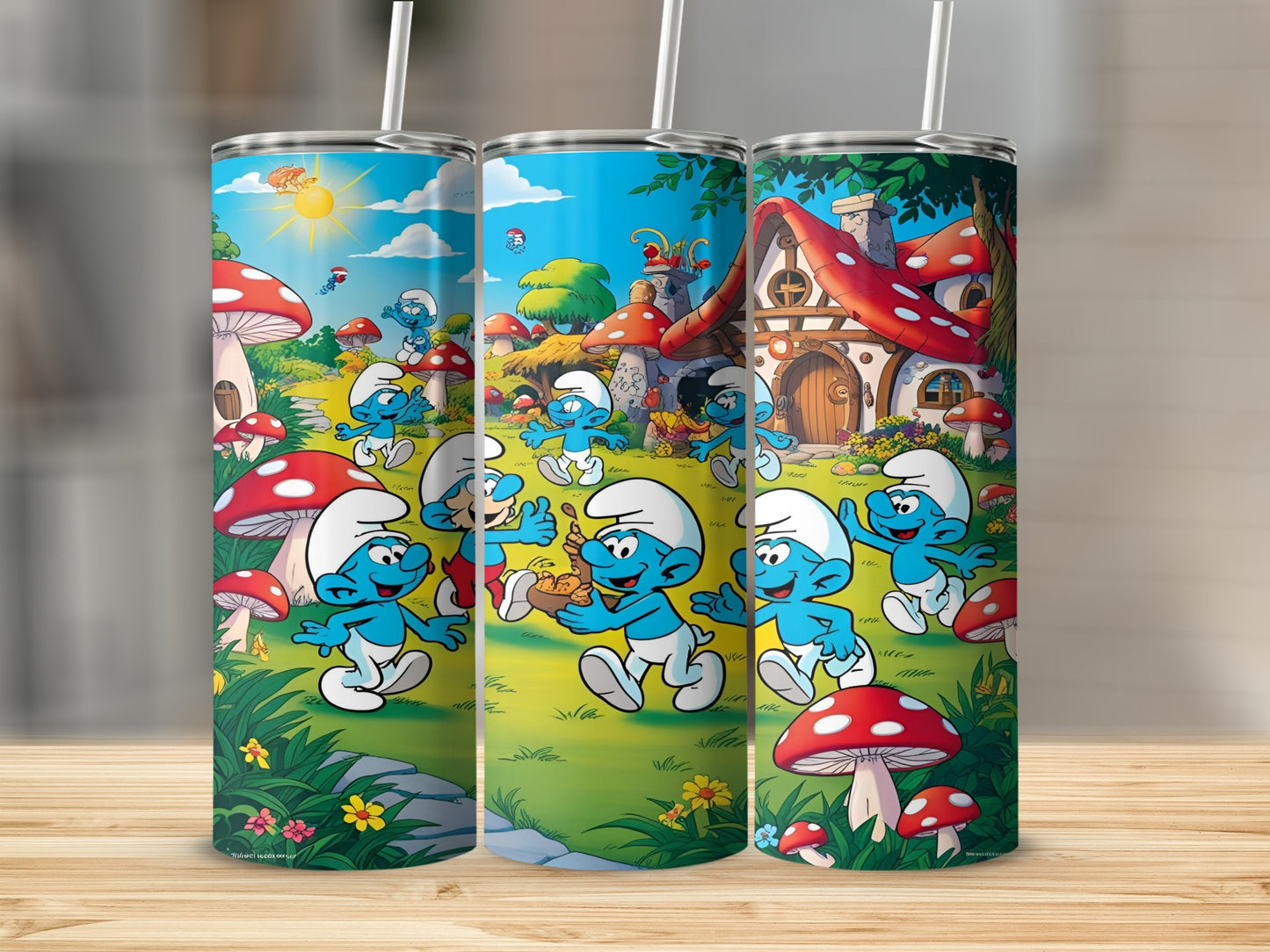 Three Smurfs on a tumbler, each holding a tool or food.