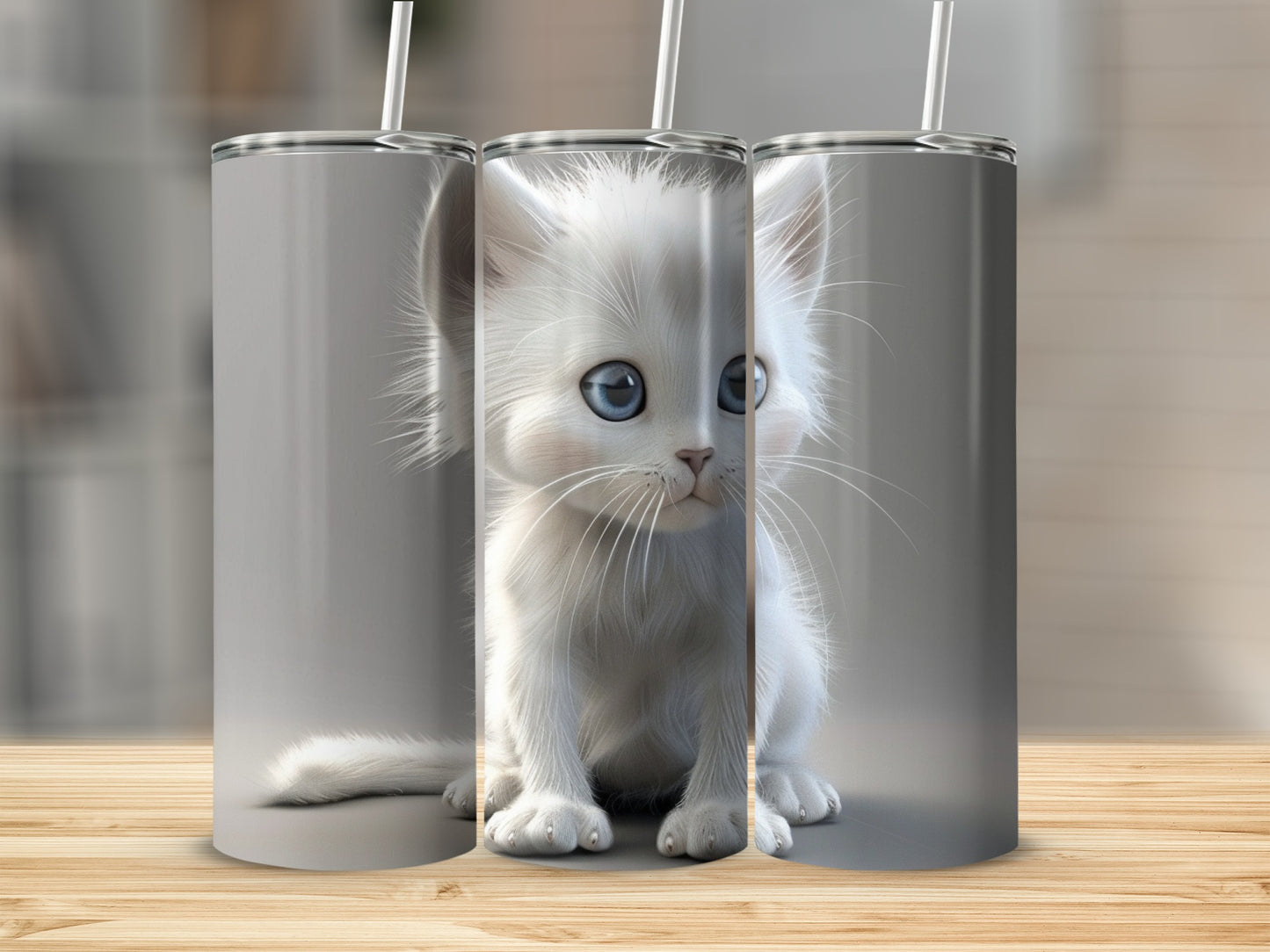 White kitten with bright blue eyes sits between two white tumblers.