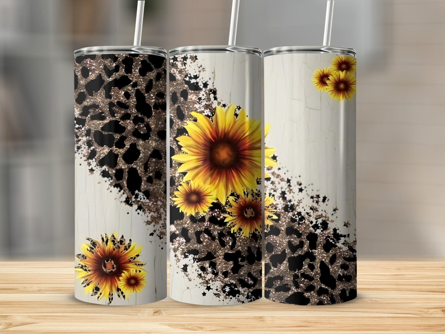 Sunflower and leopard print tumbler with glitter accents.