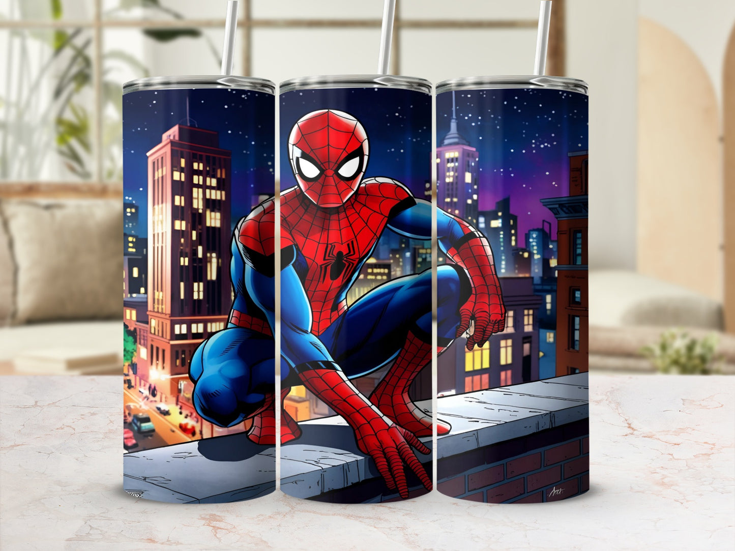 Spiderman crouching on a city rooftop at night, against a city skyline.