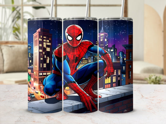 Spiderman crouching on a city rooftop at night, against a city skyline.