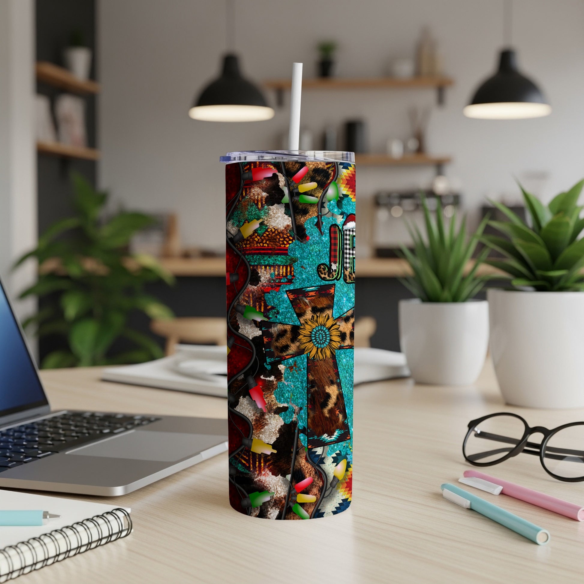 Cross design tumbler with leopard print, sunflower, and colorful lights.