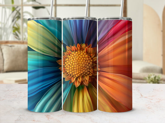 Three tumblers featuring vibrant, abstract floral designs with colorful petals.