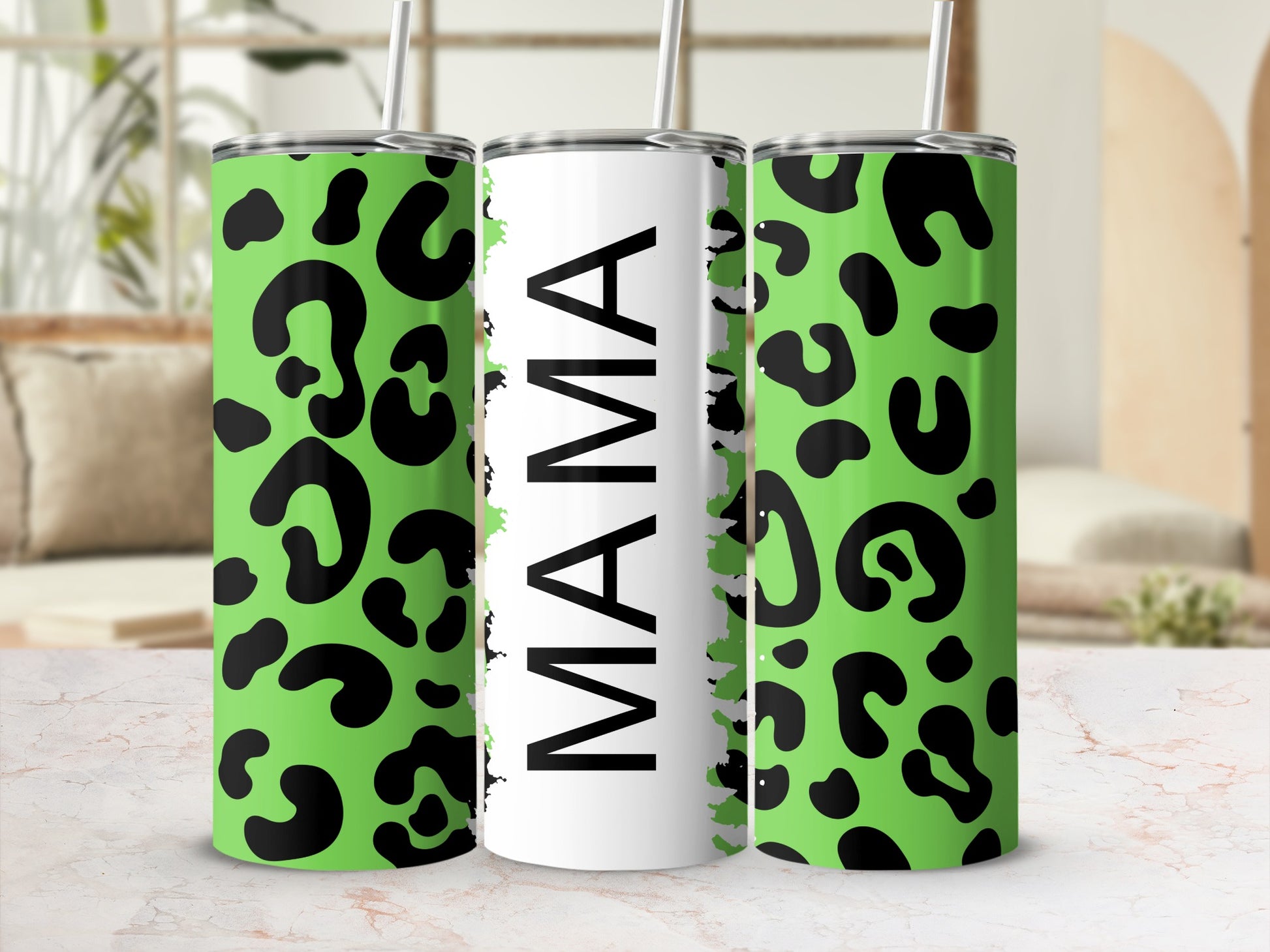 Green Leopard Print Mama Tumbler Cup with Straw