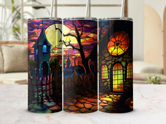 Triptych of Halloween-themed tumblers depicting spooky houses and moonlight.