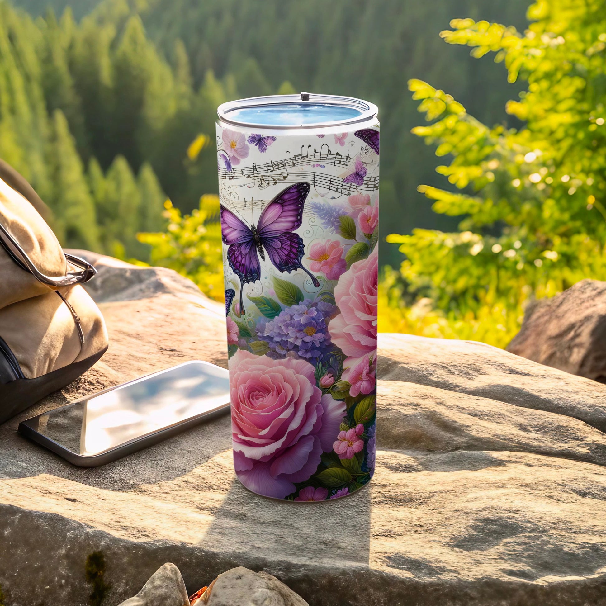 Floral Butterfly Design Travel Tumbler with Music Notes