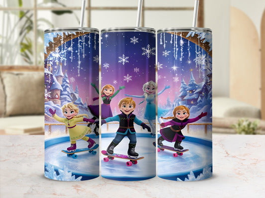 Frozen characters on skateboards in front of a winter castle and snowflakes.