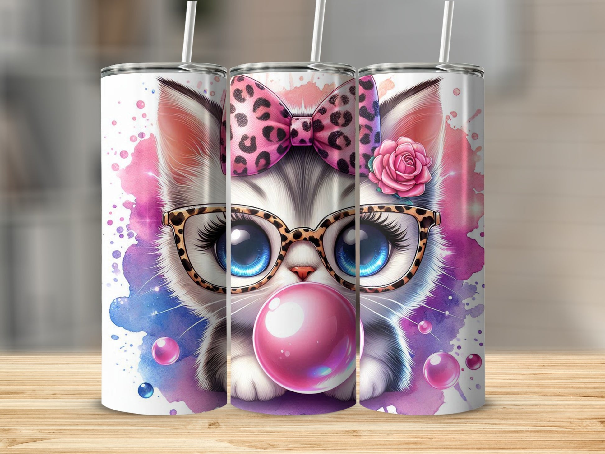 Kitten glasses leopard bow bubble gum pink watercolor tumbler product type