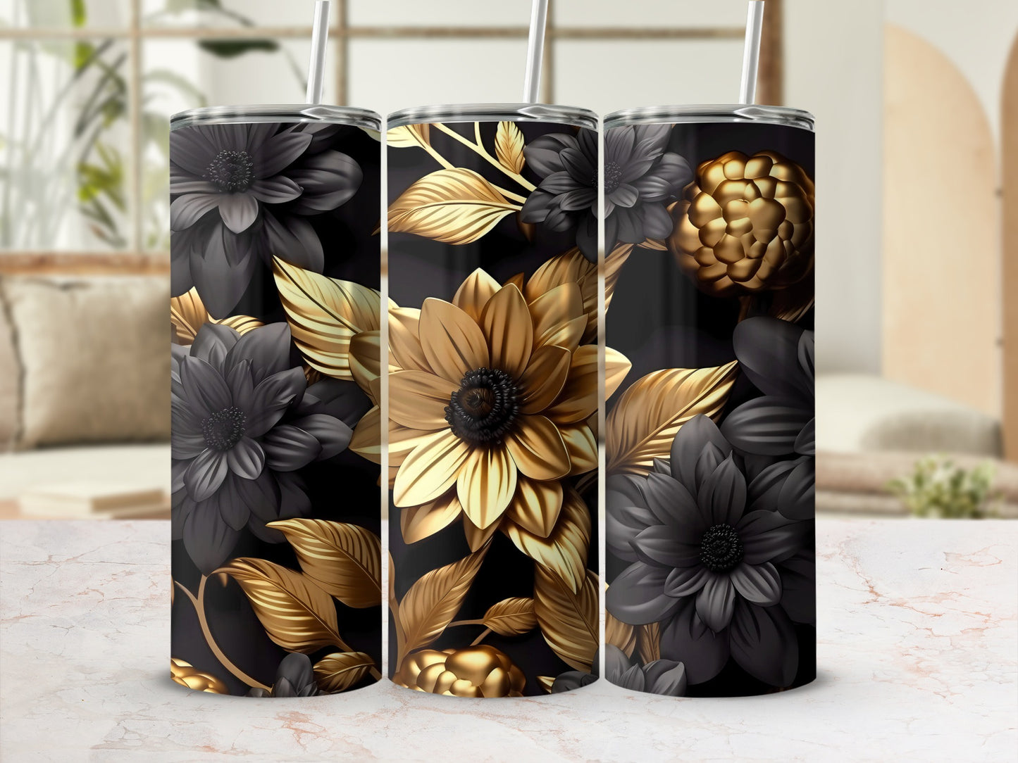 Elegant Gold and Black Floral Design Tumbler