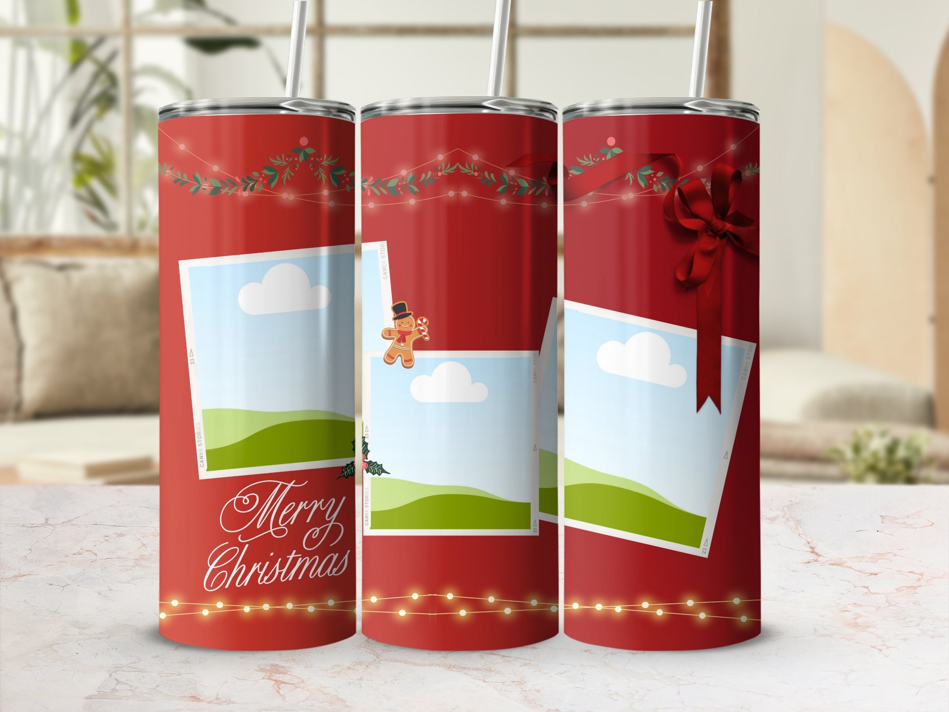 Red tumblers with Christmas lights, photo frames, and "Merry Christmas" text.