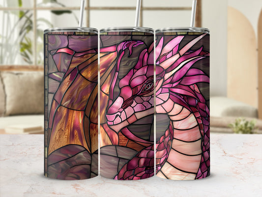 Three stained-glass dragon tumblers with pink and purple scales and wings.