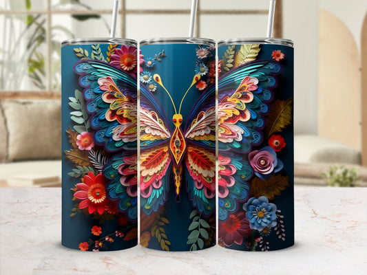 Three tumblers with a vibrant, ornate butterfly and floral design on a dark background.