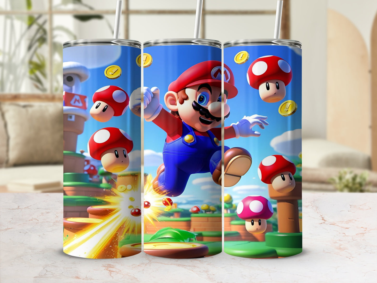 Mario jumping with question mark blocks and mushrooms in a video game world.