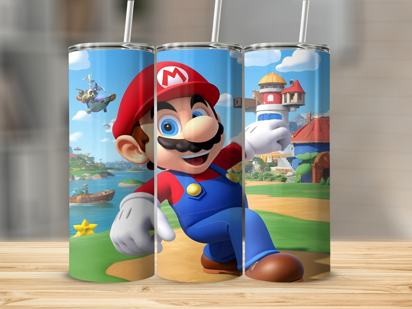 Mario in a running pose with a castle and water in the background.