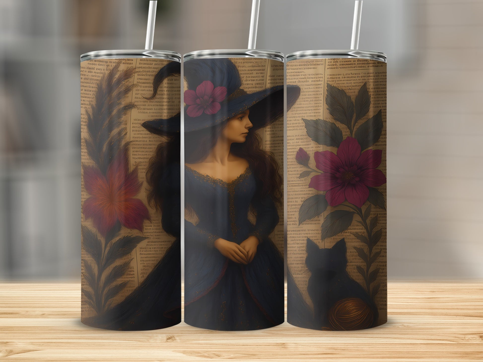 Three tumblers with a witch, flowers, and cat design on a parchment background.