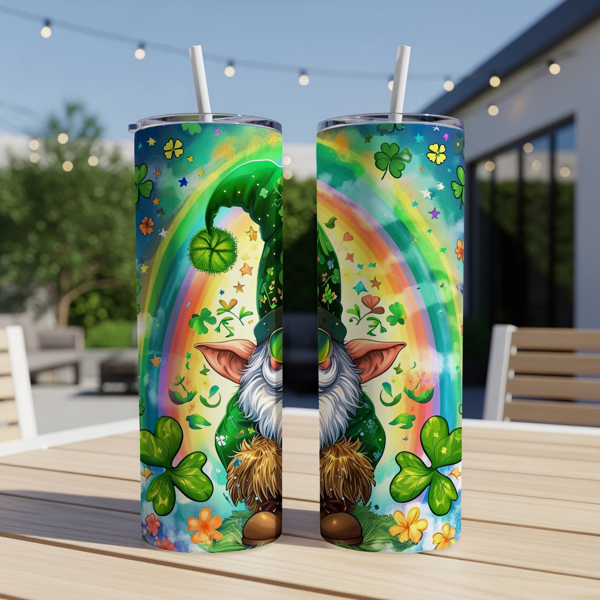 Leprechaun gnome with rainbow and shamrocks on a St. Patrick's Day tumbler.