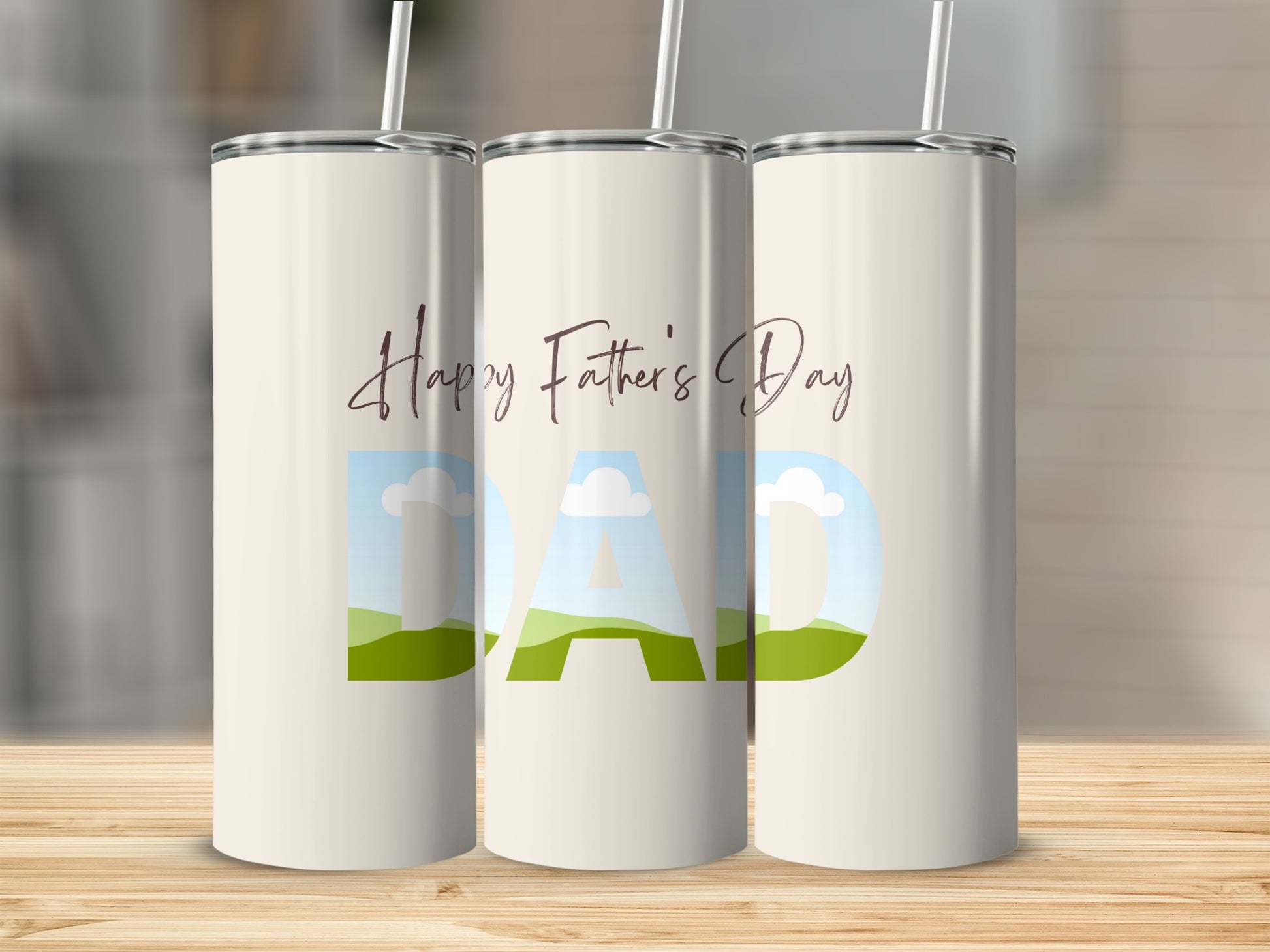 Three tumblers with "Happy Father's Day" and "DAD" designs featuring landscapes.