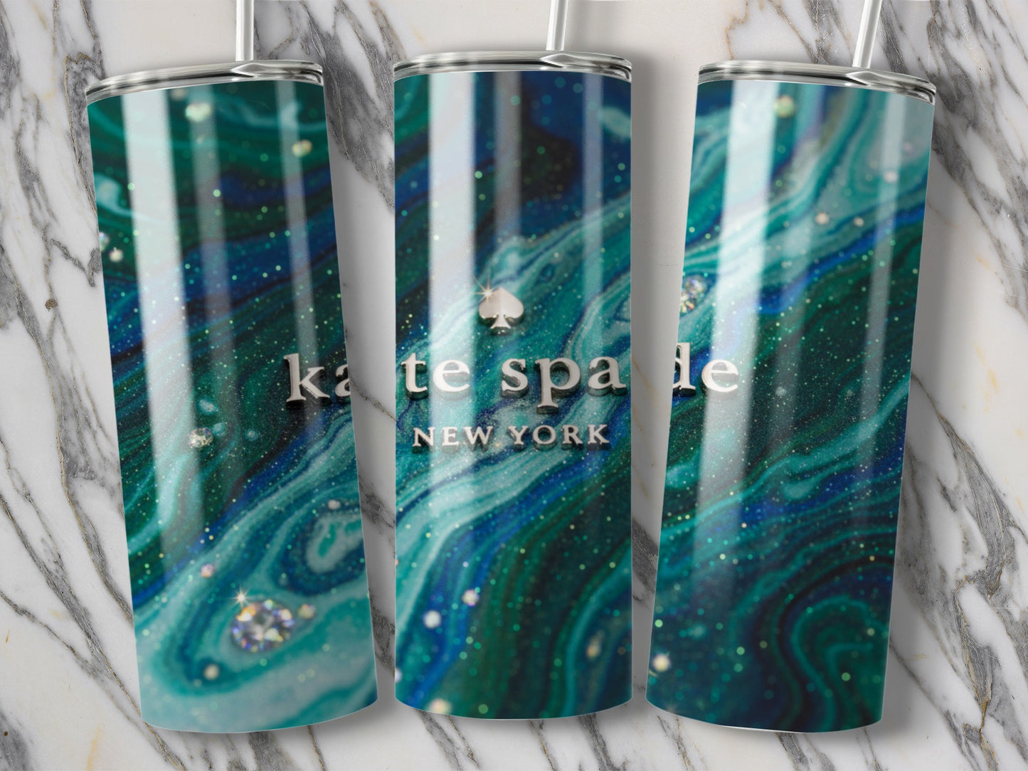 Kate Spade Inspired New York Turquoise Swirl Sparkle Tumblers