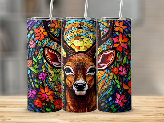 Deer portrait with colorful stained glass floral background on three tumblers.