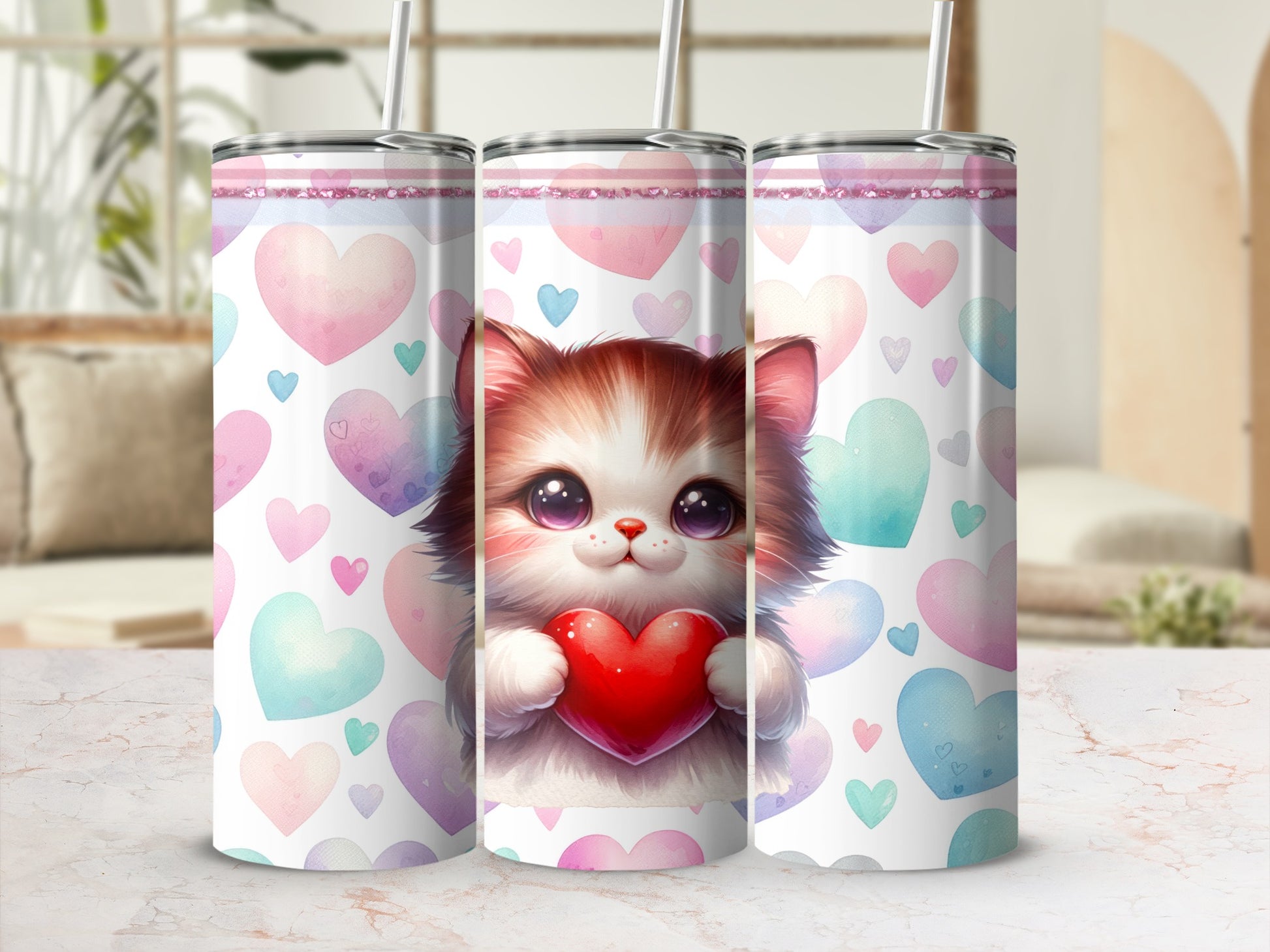 Three tumblers with a kitten holding a heart on a pastel heart background.
