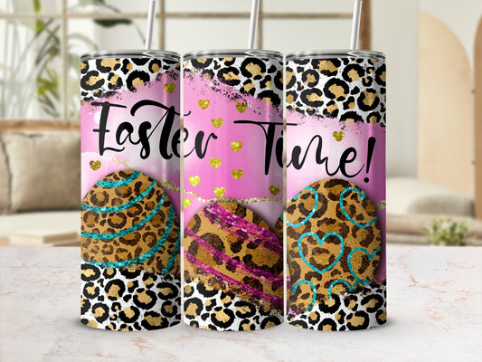 Easter Time tumbler with leopard print and patterned Easter eggs.
