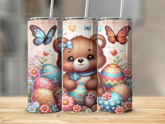 Teddy bear with Easter eggs and butterflies, cheerful spring design.