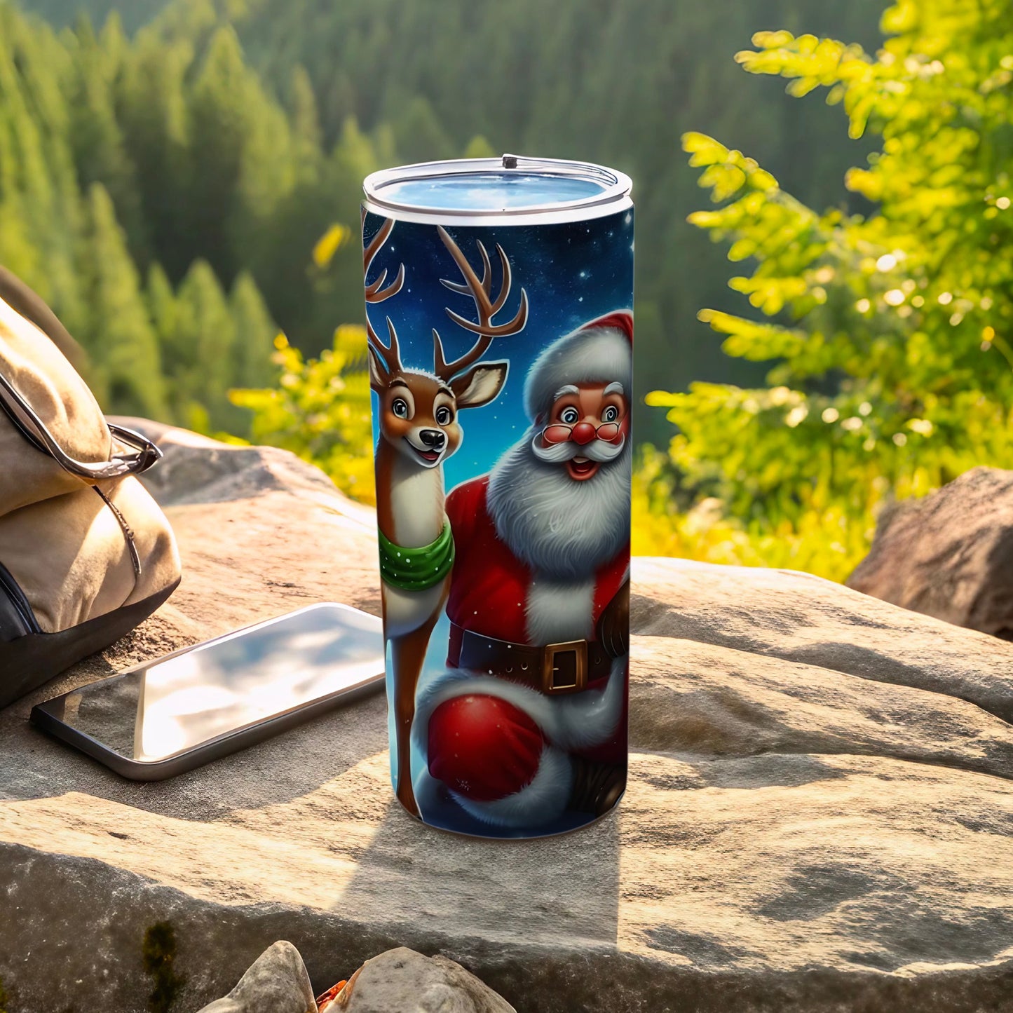 Festive Santa and Reindeer Design Tumbler for Holidays