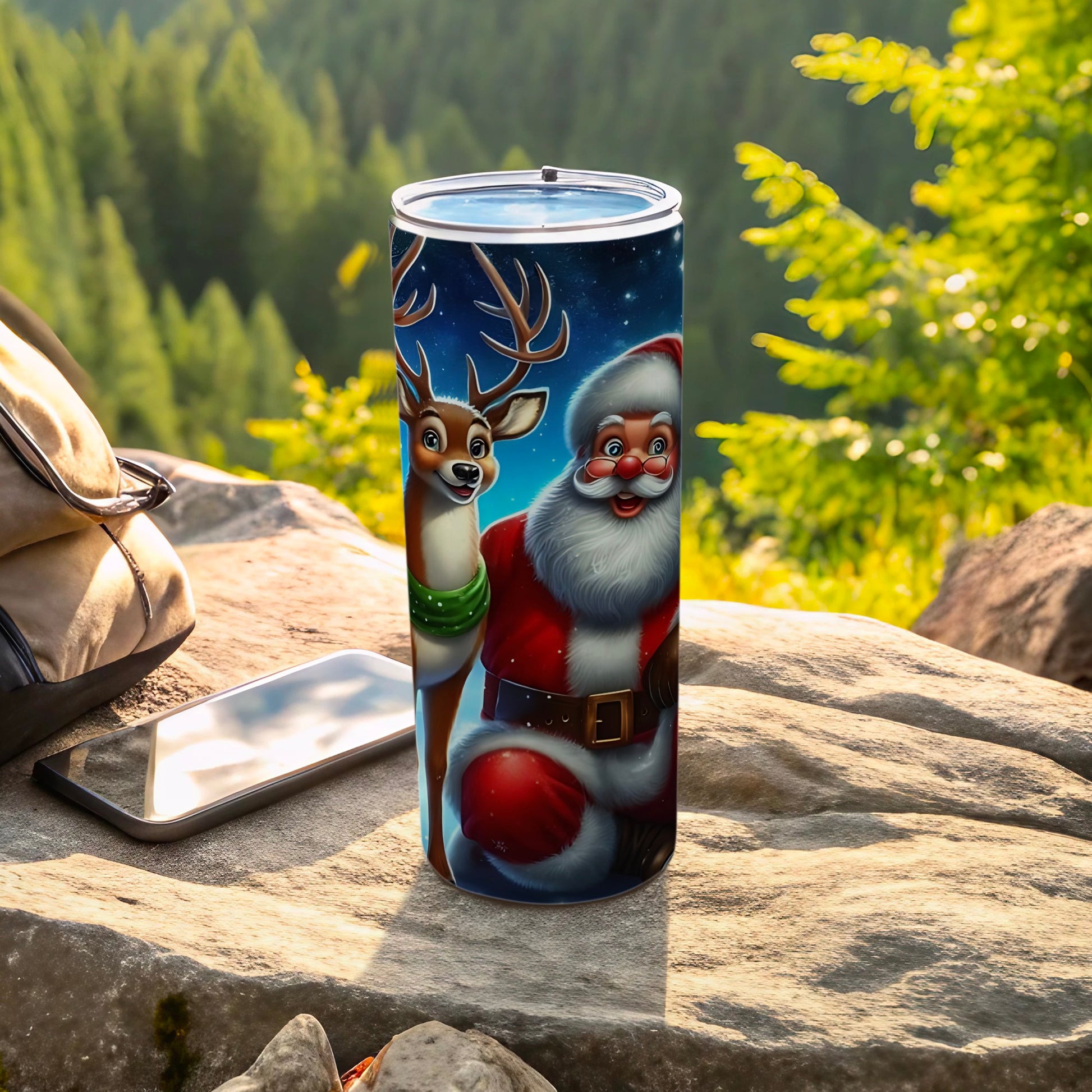 Festive Santa and Reindeer Design Tumbler for Holidays