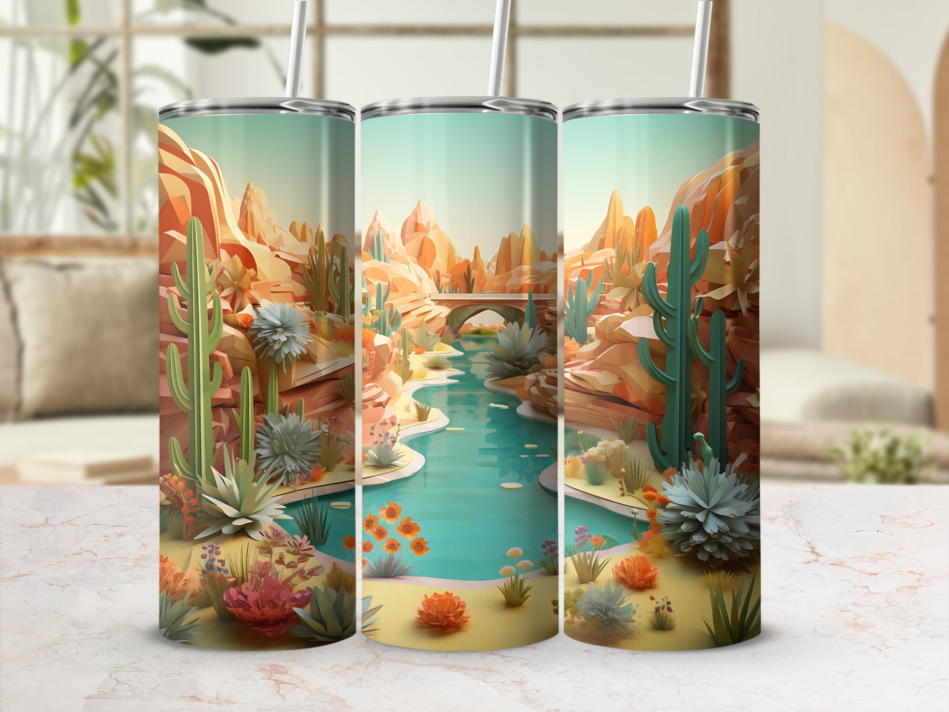 Desert landscape with river, bridge, and cacti on three tumblers.