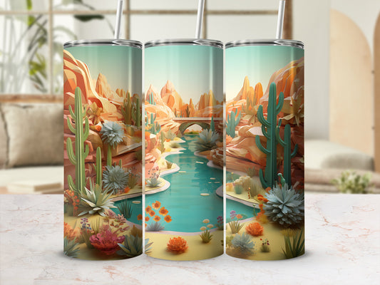 Desert landscape with river, bridge, and cacti on three tumblers.