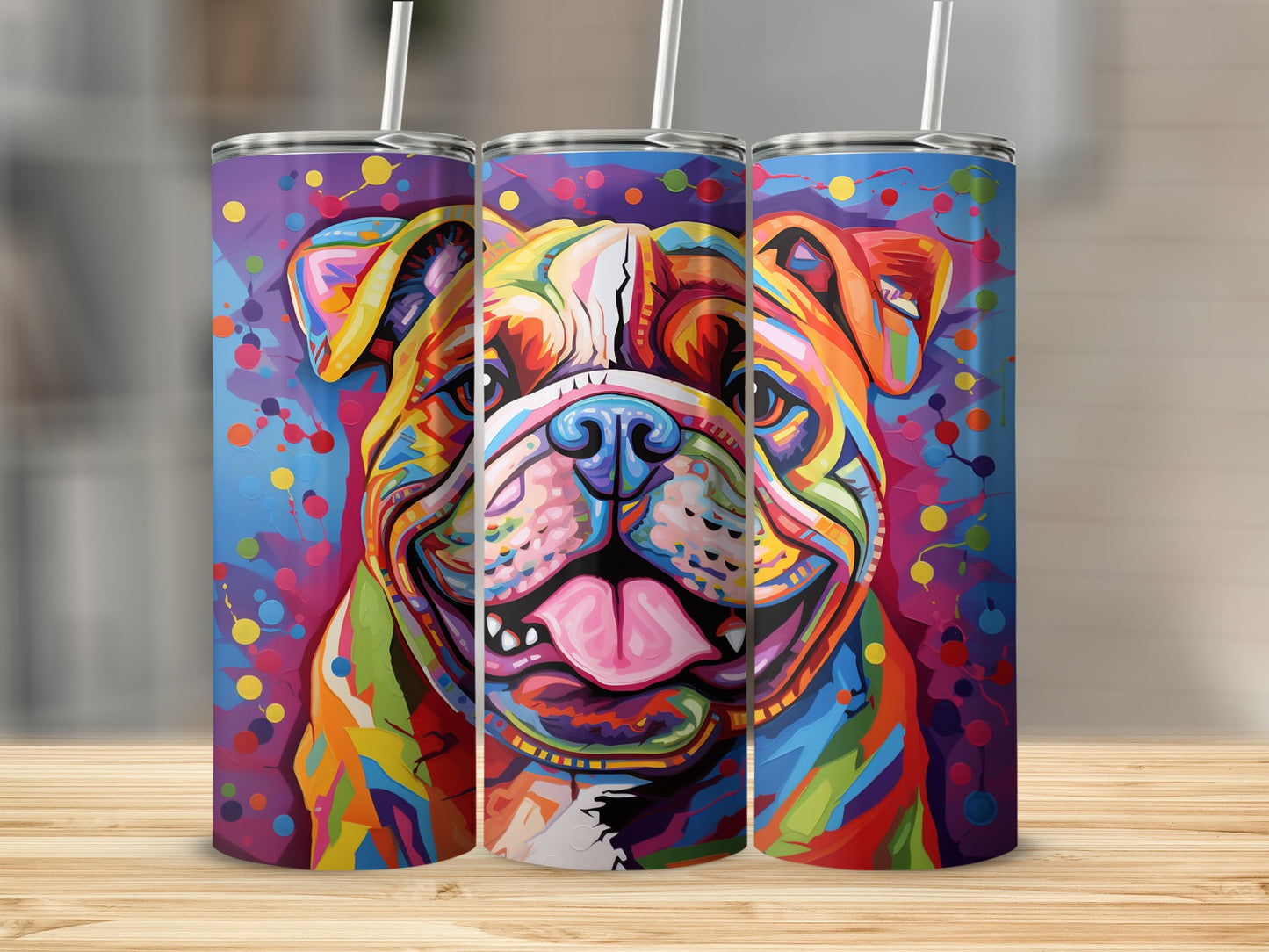 Colorful bulldog portrait on three tumblers, standing on a wooden surface.