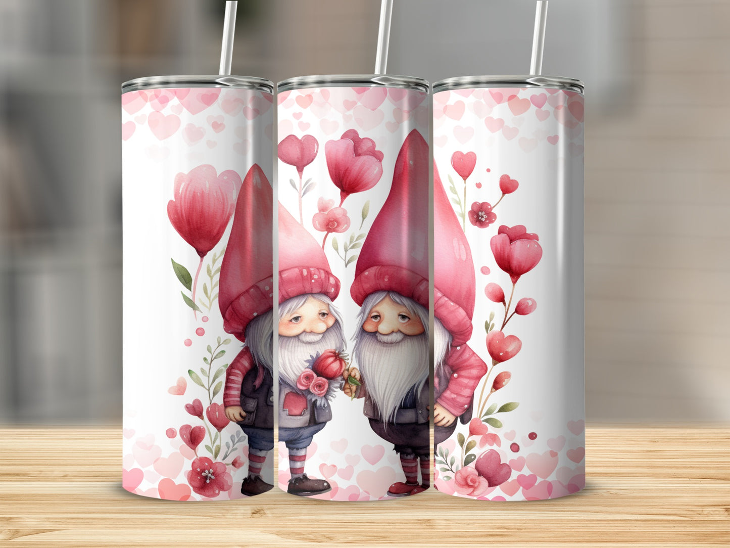 Gnome Couple in Pink Valentine Theme Skinny Tumbler