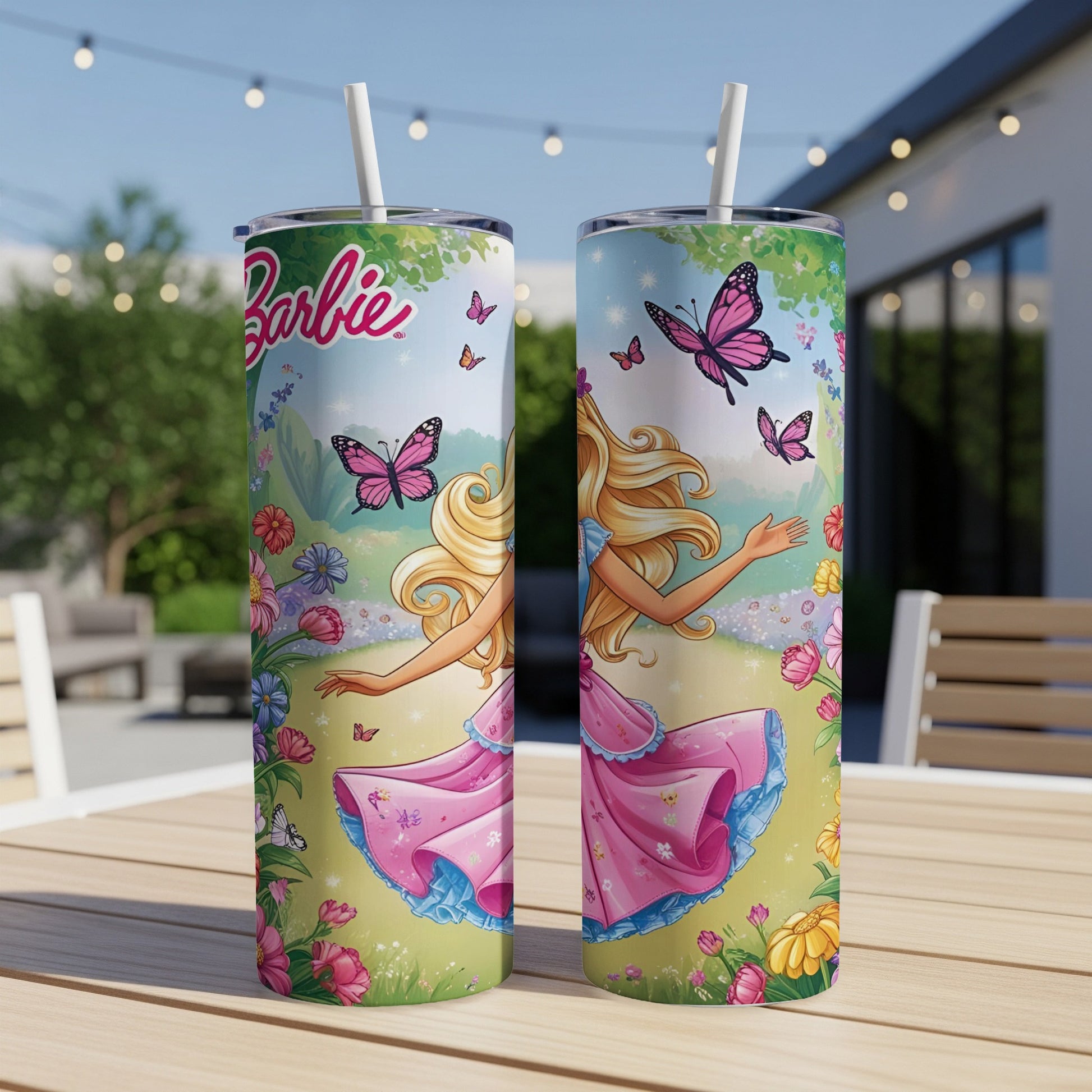 Barbie illustration with butterflies and flowers on a pink tumbler.