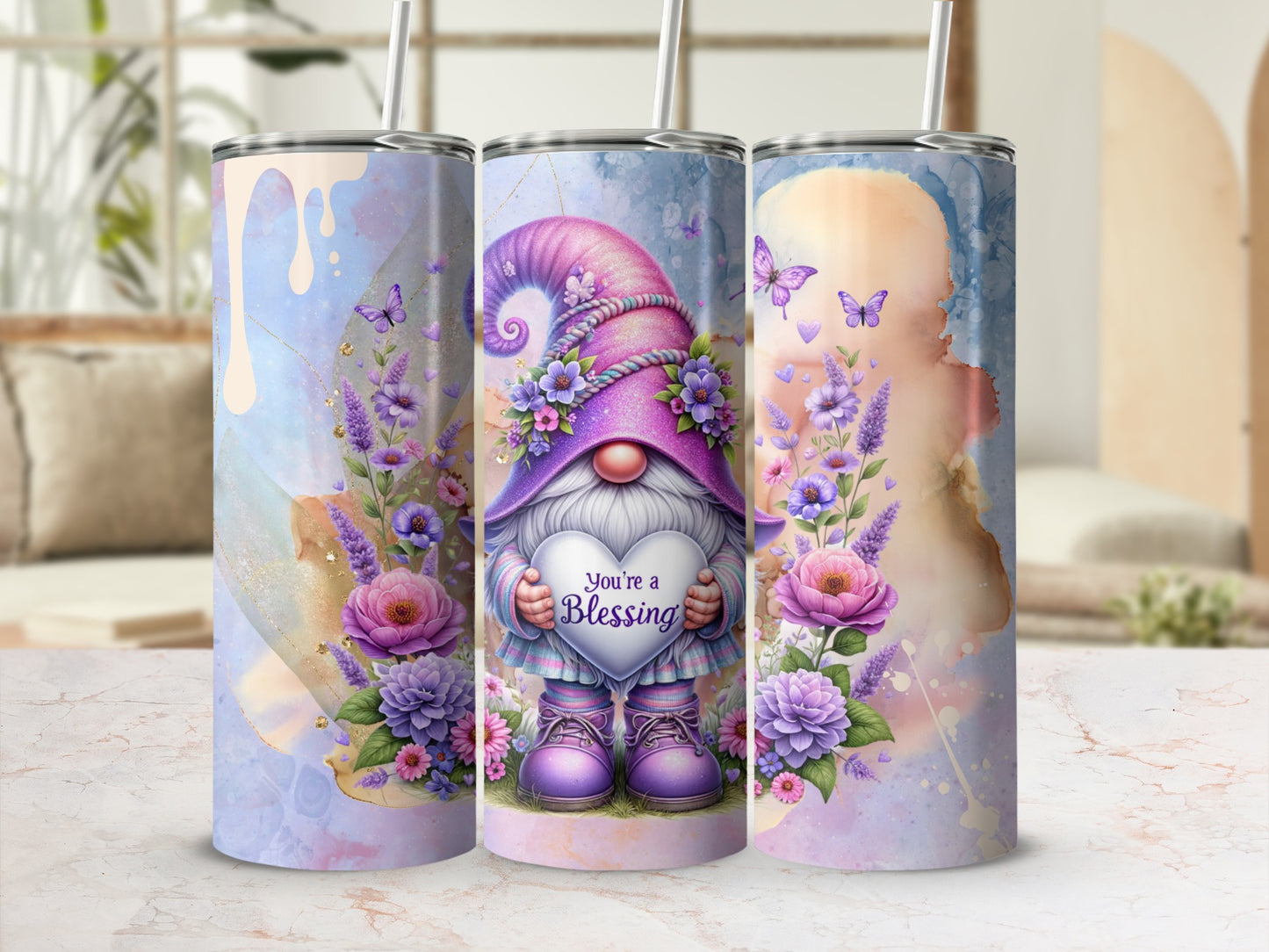 Beautiful Gnome with Flowers and Butterflies Tumbler