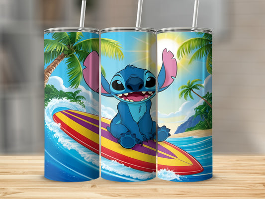Stitch on a surfboard in the ocean with palm trees and sun.