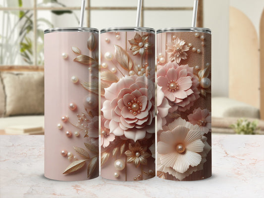 Three pink floral tumblers with pearl and gold embellishments.