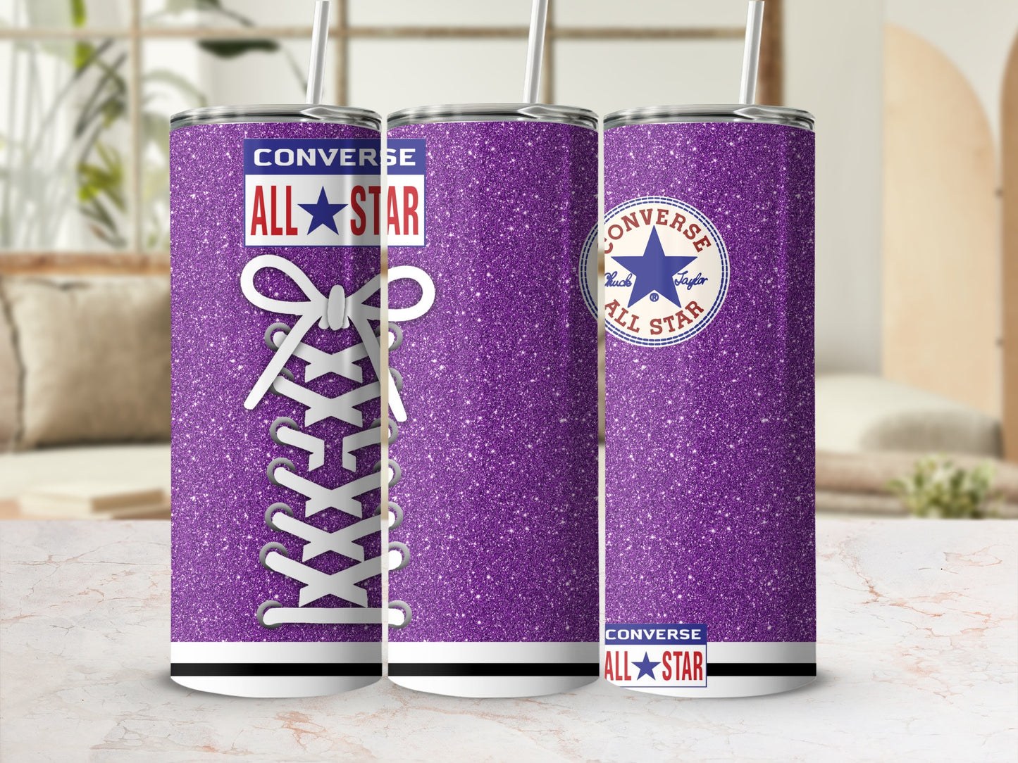 Three purple glitter Converse All Star tumblers with shoelaces and logos.