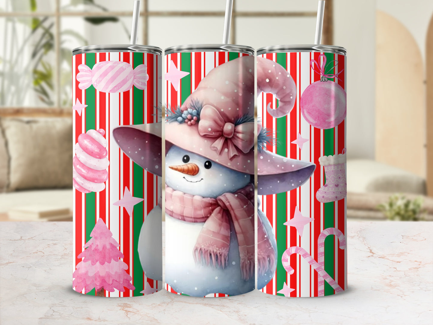 Festive Snowman Striped Christmas Tumbler Product