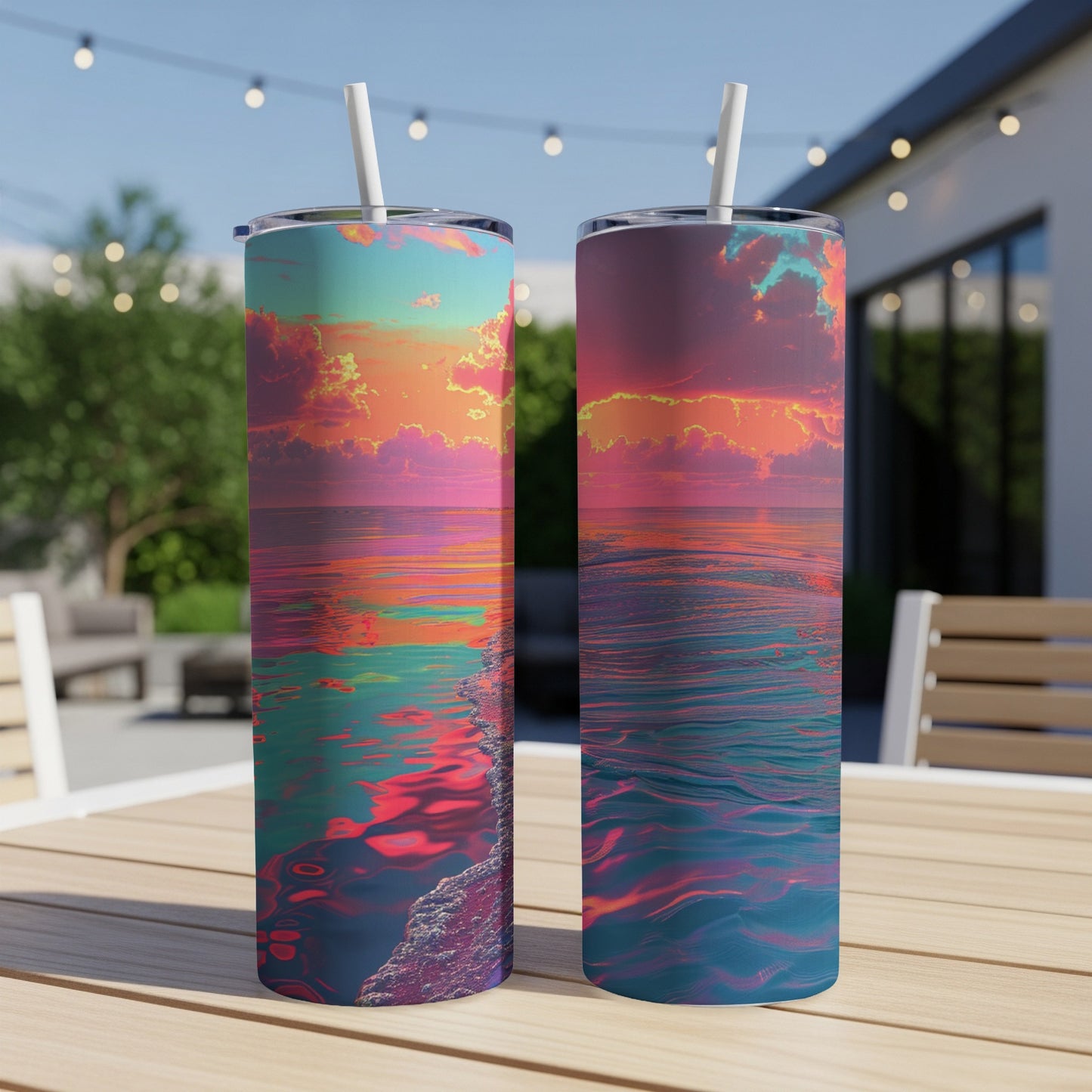 Two tumblers with a vibrant sunset ocean graphic sit on a patio table.