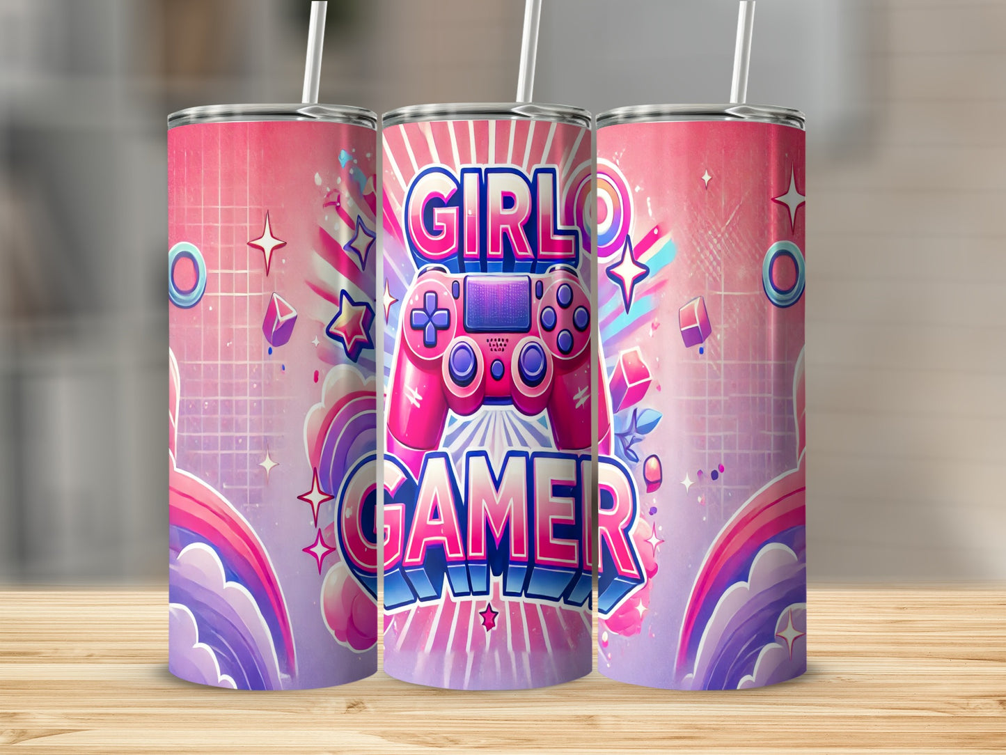 Pink tumbler with "Girl Gamer" text and a purple gaming controller.