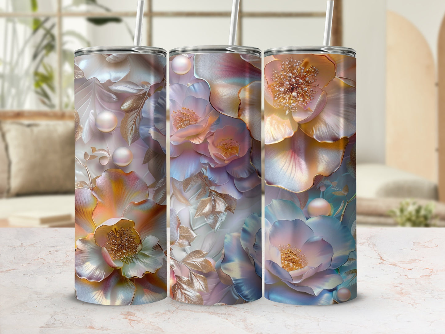 Floral pattern tumbler with pearl and rose gold accents.