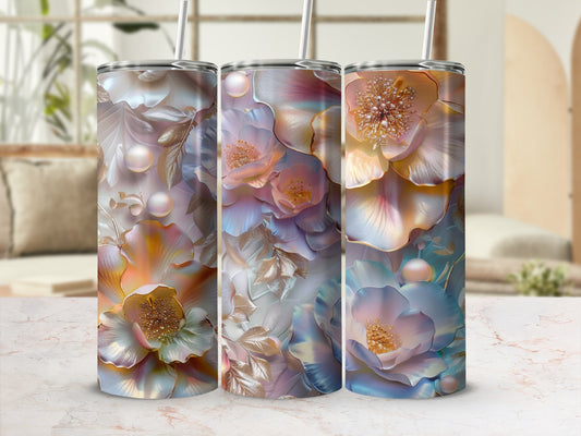 Floral pattern tumbler with pearl and rose gold accents.