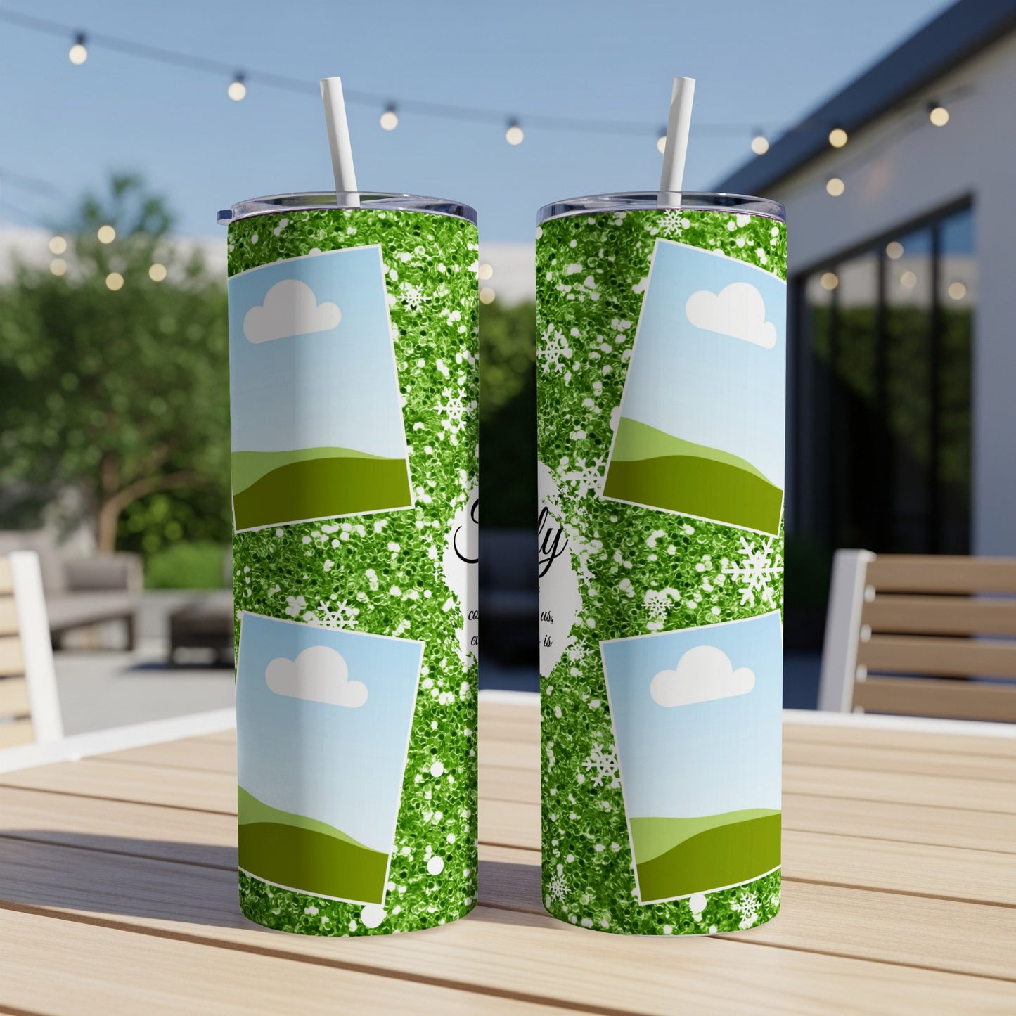 Two green glitter tumblers with photo placeholders and snowflakes.