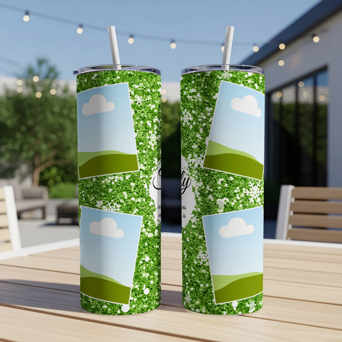 Two green glitter tumblers with photo placeholders and snowflakes.